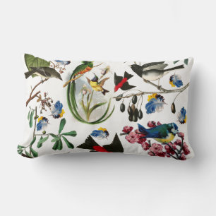 SPRING BIRDS,COLORFUL FEATHERS AND FRUITS Floral Lumbar Cushion