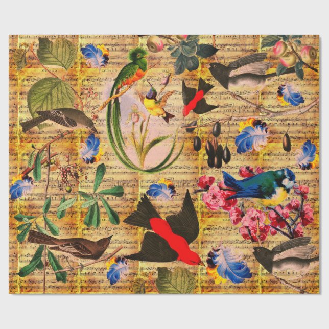 SPRING BIRDS,FEATHERS,FRUITS Music Notes Brown Wrapping Paper (Flat)