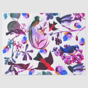 SPRING BIRDS,FEATHERS,FRUITS Pink Blue Floral Tissue Paper