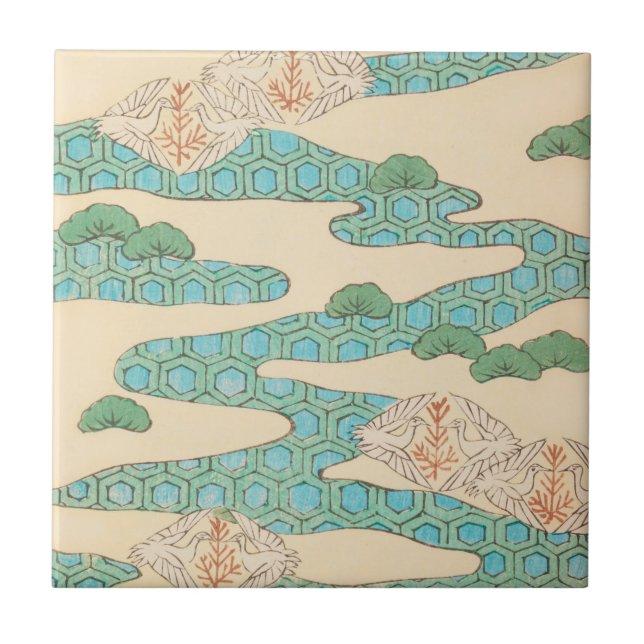 Spring Birds on Hexagon Mountains Vintage Japanese Tile (Front)
