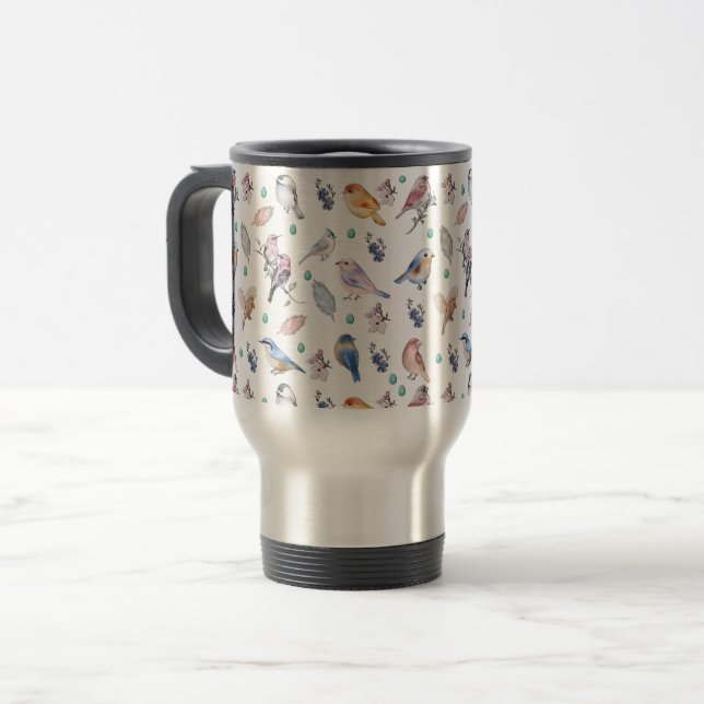Spring Birds Pattern Travel Mug (Front Left)