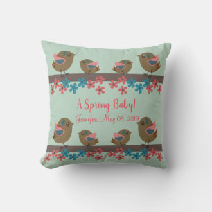 Spring birds with babies & custom text cushion
