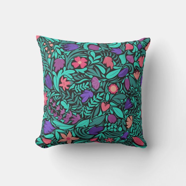 Spring Black Flowers Leaves Illustration Pattern Cushion (Front)