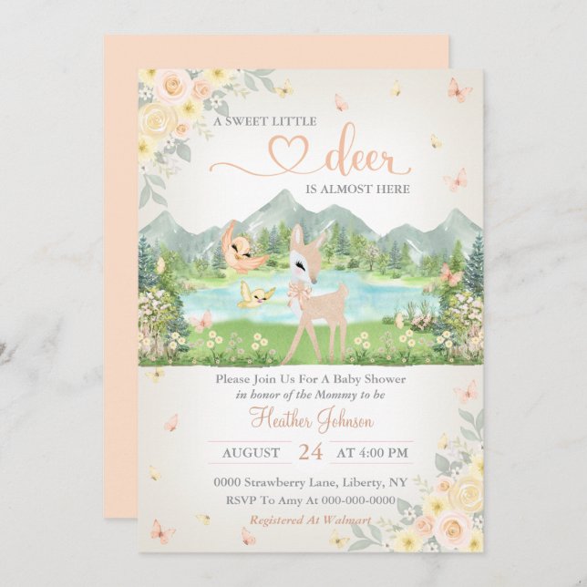 Spring Bloom and Butterflies Deer Baby Shower  Invitation (Front/Back)