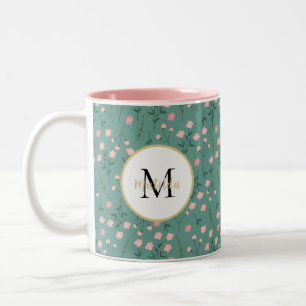 'Spring Bloom', teal & pink floral customised Two-Tone Coffee Mug