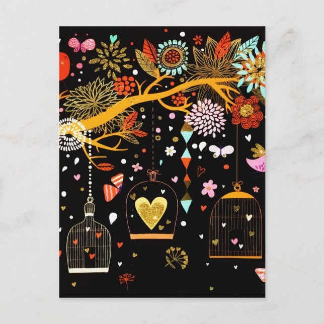 Spring Blooming Tree Gold Bird In Love Postcard (Front)