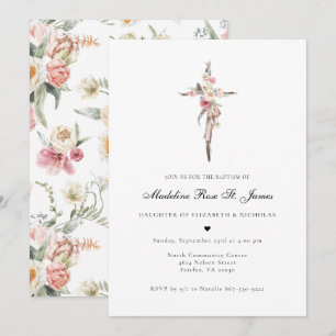 Spring Blooms Floral Cross Baptism Invitation