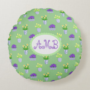 Spring Blooms in Blue & White Pots Accent Pillow