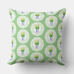 Spring Blooms in Blue & White Pots Throw Pillow
