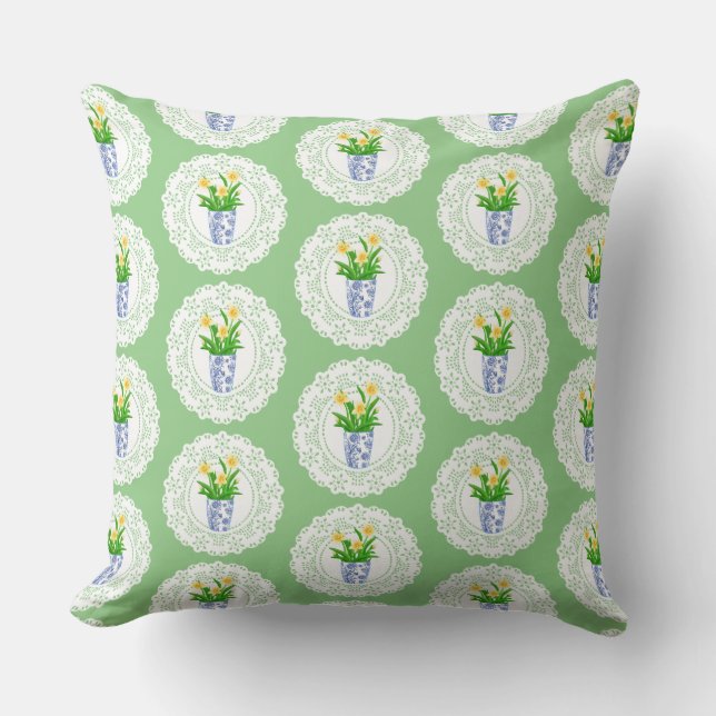 Spring Blooms in Blue & White Pots Throw Pillow (Front)