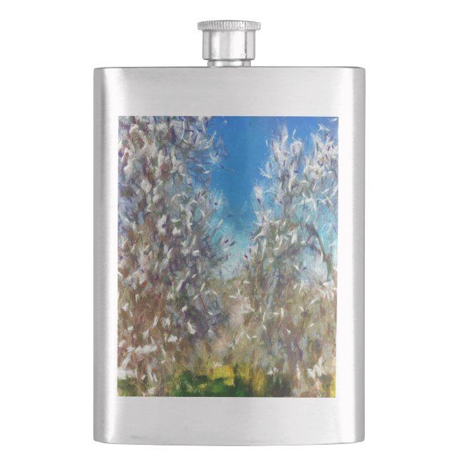Spring Blossom Almond Tree Pointillism Artwork Hip Flask (Front)