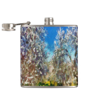 Spring Blossom Almond Tree Pointillism Artwork Hip Flask