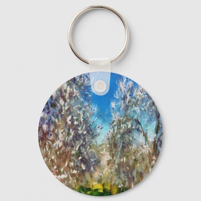 Spring Blossom Almond Tree Pointillism Artwork Key Ring (Front)