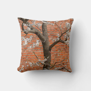 Spring Blossom Apricot Tree Red Brick Wall Cushion