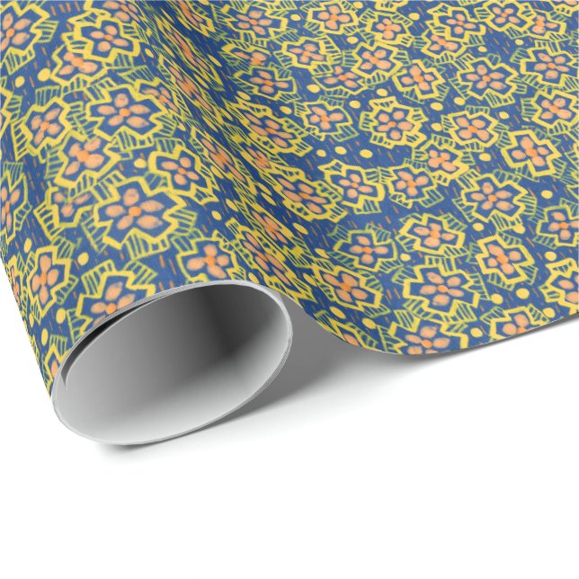 Spring Blossom, blue & yellow, floral pattern Wrapping Paper (Roll Corner)