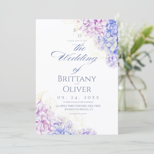 Spring Blossom Modern Lilac & Blue Floral Wedding Invitation (Standing Front)