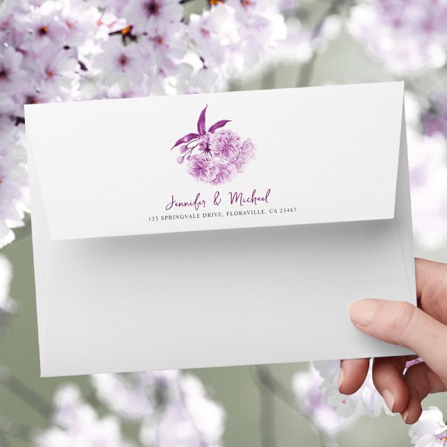 Spring blossom purple flowers watercolor wedding envelope (Creator Uploaded)
