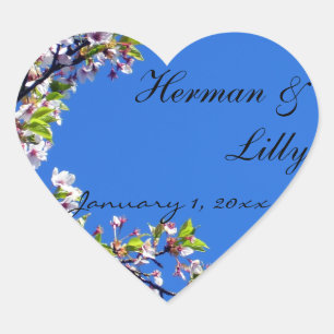Spring Blossoms and Blue Sky Personalised Wedding Heart Sticker