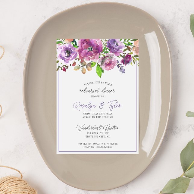 Spring Blossoms Floral Purple Rehearsal Dinner Invitation (Creator Uploaded)
