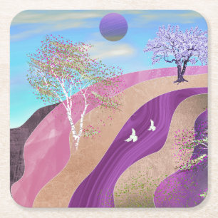 Spring Blossoms Landscape Square Paper Coaster