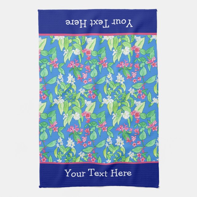 Spring Blossoms, Philadelphus and Weigela on Blue Tea Towel (Vertical)