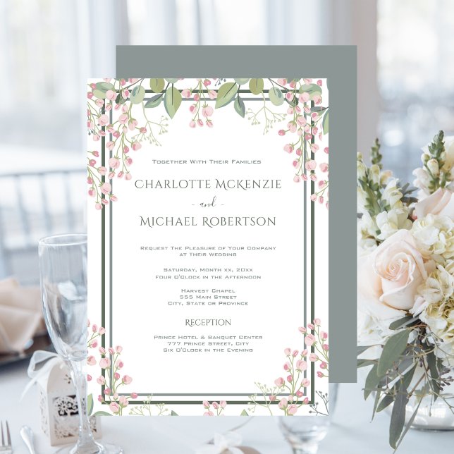 Spring Blossoms Pink Floral With RSVP Wedding  Invitation (Spring Blossoms, Pink Blush, Mint Green, Wedding Invitation)