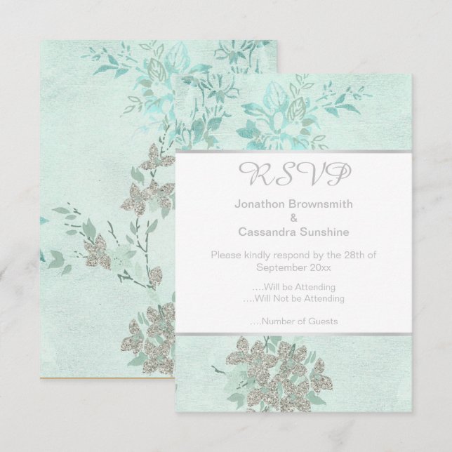SPRING BLUE AQUA SILVER WEDDING RESPONSE RSVP INVITATION (Front/Back)
