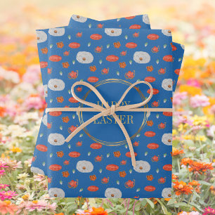 Spring Blue Floral Pattern Christian Happy Easter Wrapping Paper Sheet