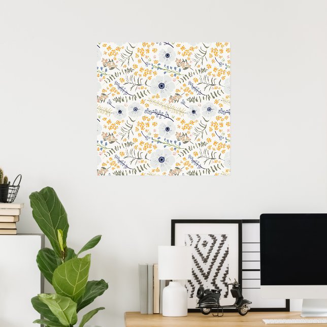 Spring Blue Green Yellow Botanical Flowers Poster (Home Office)