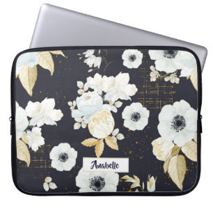 Spring Blue & White Floral Pattern Monogram Laptop Sleeve