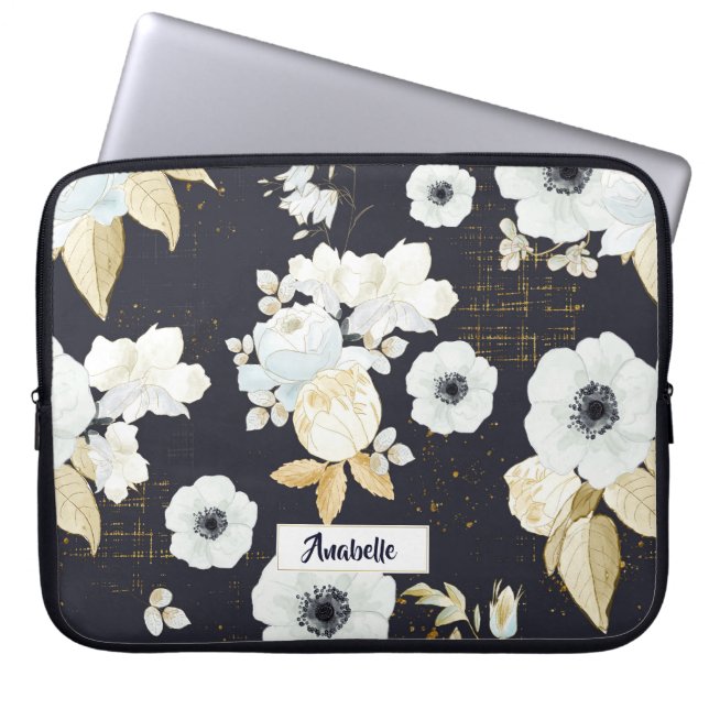 Spring Blue & White Floral Pattern Monogram Laptop Sleeve (Front)