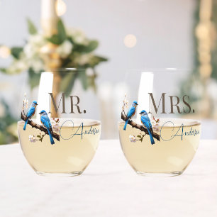 Spring Bluebirds Mr. and Mrs. Stemless Wine Glass
