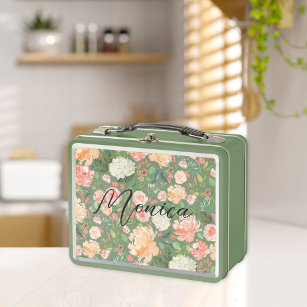 Spring Blush and Peach Watercolor Florals Green Metal Lunch Box