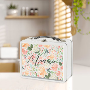 Spring Blush and Peach Watercolor Florals Red Metal Lunch Box