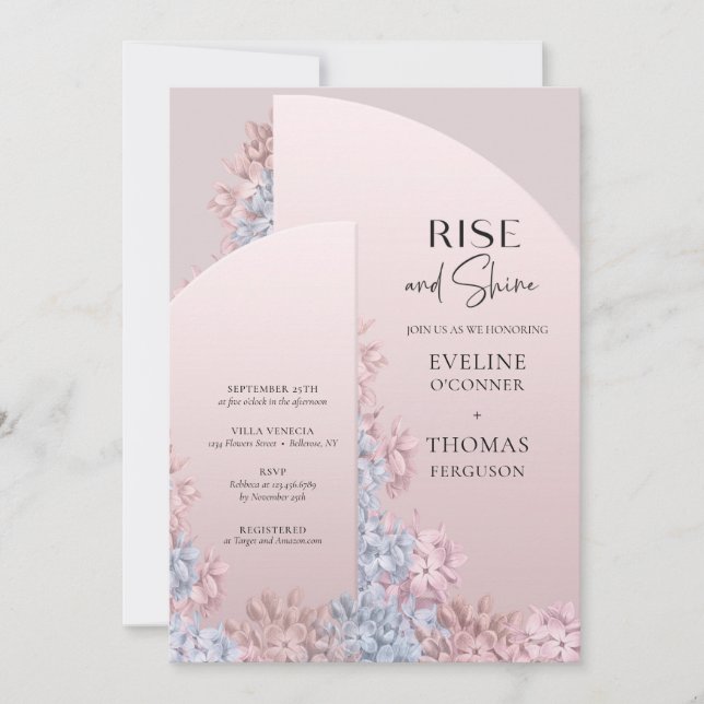 Spring blush floral boho arch frame rise and shine invitation (Front)