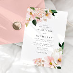 Spring Blush Floral Bouquet Wedding Invitation<br><div class="desc">Elegant, spring floral wedding invitations featuring your wedding details with bouquets of blush pink hydrangea flowers and lush green leaves. Personalise the blush floral wedding invitations by adding your names and wedding details. The spring wedding invitation reverses to a solid blush pink background. Perfect for spring and summer weddings, garden...</div>