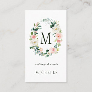 Spring Blush Floral Wreath Monogram Business Card