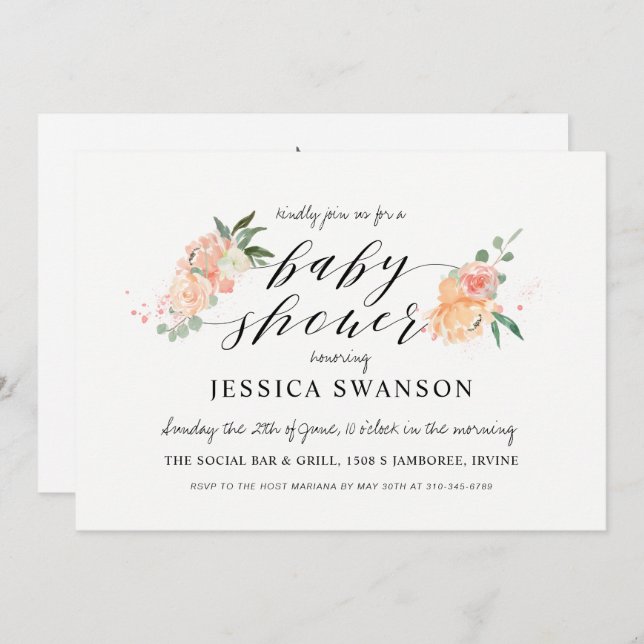 Spring Blush Peach Watercolor Floral Baby Shower Invitation (Front/Back)