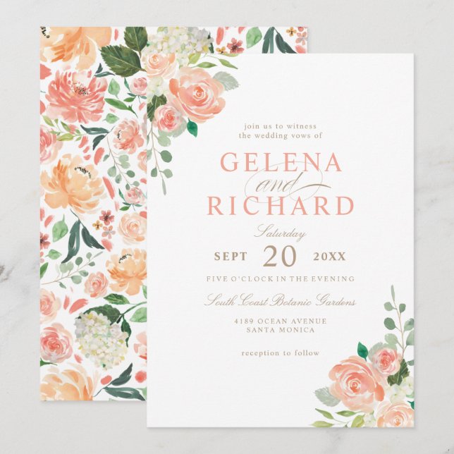 Spring Blush Peach Watercolor Floral Wedding Invitation (Front/Back)