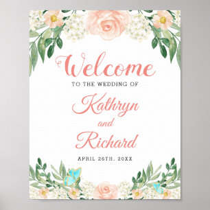 Spring Blush Peach Watercolor Floral Wedding Sign