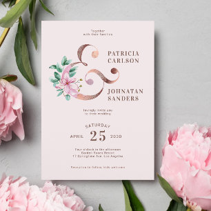 Spring blush pink rose gold floral wedding invitation