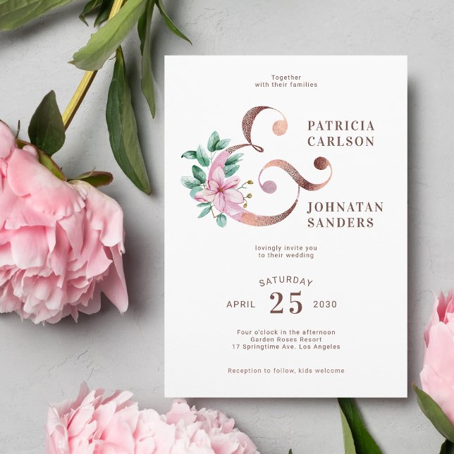 Spring blush pink rose gold floral wedding invitation (Creator Uploaded)