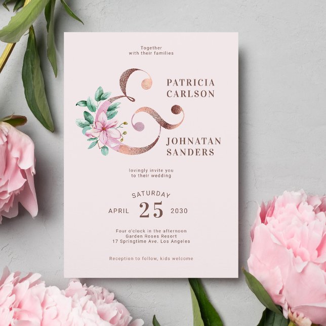 Spring blush pink rose gold floral wedding invitation (Creator Uploaded)