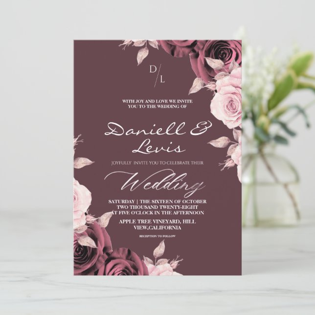 Spring Blush Roses ⎮ Mauve Wedding  Invitation (Standing Front)