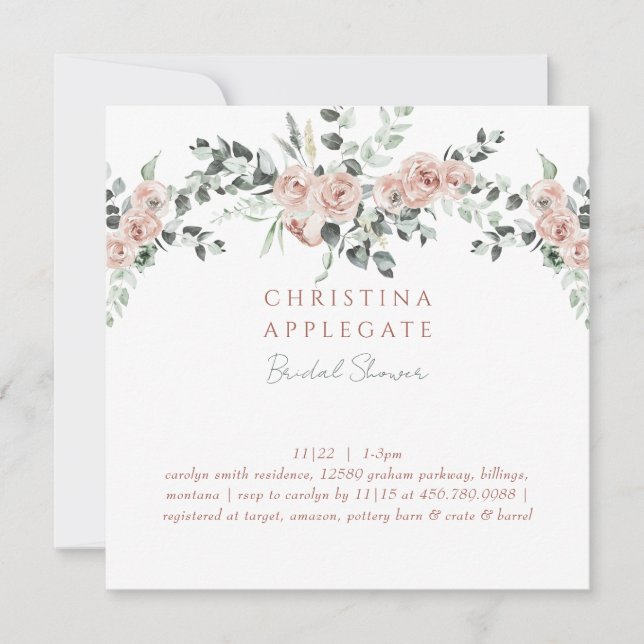 Spring Blush Roses Square Elegant Bridal Shower  (Front)
