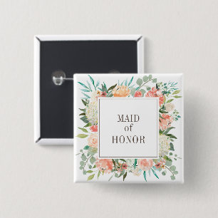 Spring Blush Watercolor Floral Maid of Honour 15 Cm Square Badge