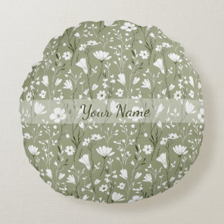 Spring Bobo Wildflowers Sage Green Personalized Round Cushion