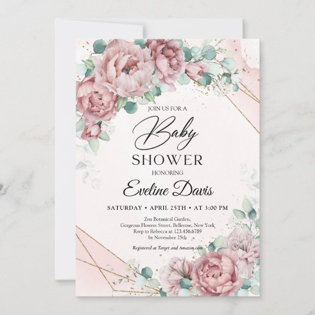 Spring boho dusty pink roses floral eucalyptus  invitation (Front)