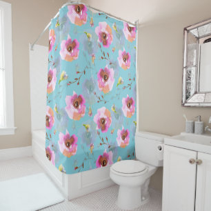 Spring Boho Hand drawn florals on teal Shower Curtain