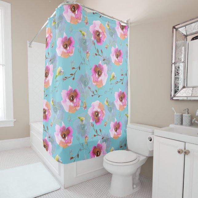 Spring Boho Hand drawn florals on teal Shower Curtain (In Situ)